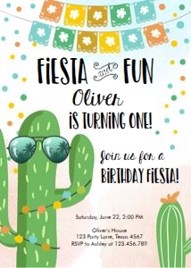 Birthday Invitation Blue Fiesta and Fun Cactus Sunglasses Boy design preview