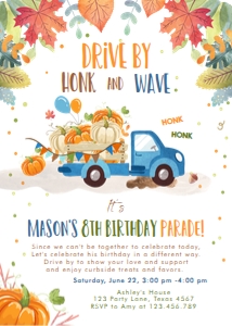 Birthday Invitation Pumpkin Truck Drive By Blue design preview