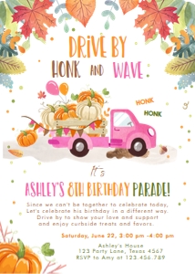 Birthday Invitation Pumpkin Truck Drive By Pink design preview