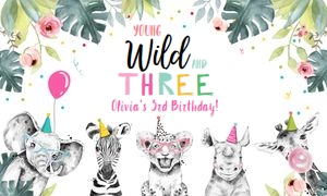 Backdrop Banner Party Animals Young Wild and Three Girl design preview