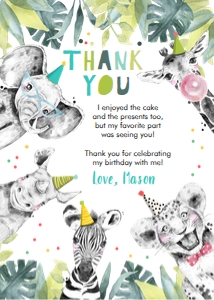 Thank You Card Birthday Party Animals Black and White Boy Vertical design preview