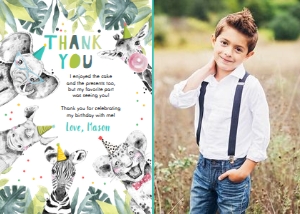Thank You Card Birthday Party Animals Black and White Boy Vertical Photo design preview