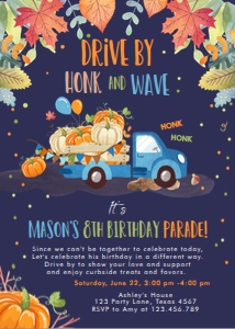 Birthday Invitation Pumpkin Truck Drive By Blue Dark design preview