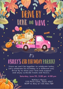Birthday Invitation Pumpkin Truck Drive By Pink Dark design preview