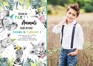 Birthday Invitation Party Animals Black and White Boy - With Photo design preview