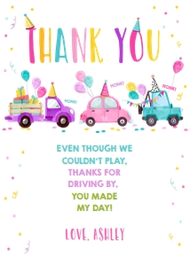 Thank You Card Drive By Pink Party Hats Cars Vertical design preview