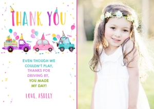 Thank You Card Drive By Pink Party Hats Cars - With Photo design preview