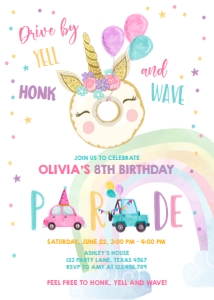 Birthday Invitation Drive By Donut Balloons Unicorn Pink design preview