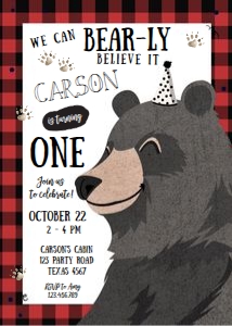 Birthday Invitation Bear Buffalo Plaid design preview