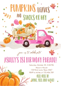 Birthday Invitation Pumpkin Truck Drive By Stacks Of Hay Girl design preview