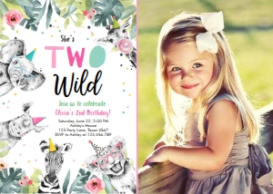 Birthday Invitation Two Wild Animals Black and White Pink - With Photo design preview