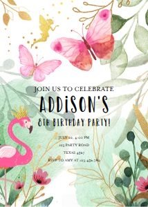Birthday Invitation Butterfly Flamingo Fairy design preview
