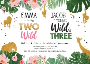 Birthday Invitation Safari Animals Jungle Two Wild Young Wild and Three Boy Girl design preview