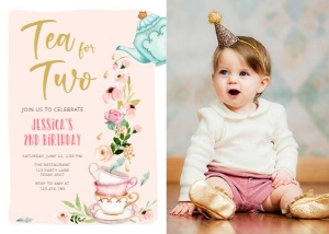 Birthday invitation Tea for Two Coral - With Photo design preview