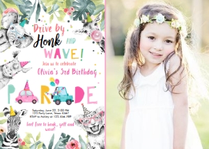 Birthday Invitation Party Animals Black and White Drive By Pink - With Photo design preview