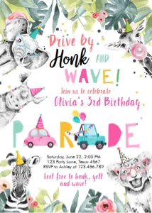 Birthday Invitation Party Animals Black and White Drive By Pink Vertical design preview