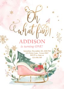 Birthday invitation Oh What Fun Sleigh Pink design preview