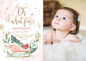 Birthday invitation Oh What Fun Sleigh Pink - With Photo design preview