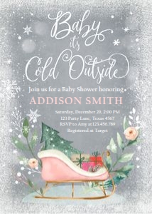 Baby Shower Invitation Cold Outside Pink Grey Sleigh design preview