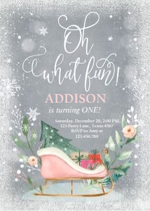 Birthday invitation Oh What Fun Sleigh Pink Grey design preview