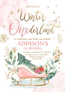 Birthday invitation Winter Onederland Sleigh Pink design preview