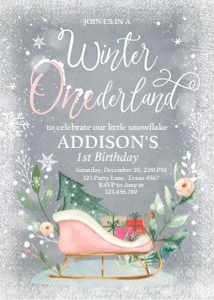 Birthday Invitation Winter Onederland Sleigh Pink Grey design preview