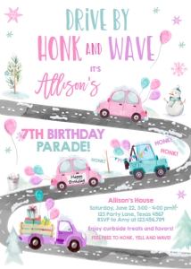 Birthday Invitation Drive By Road Vertical Pink Winter design preview