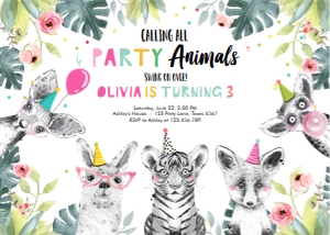 Birthday Invitation Party Animals Zoo Black and White Girl Horizontal design preview