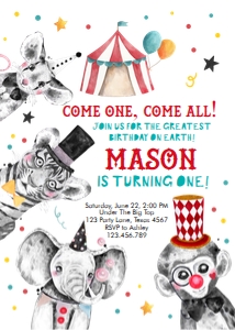 Birthday Invitation Circus Animals Neutral Vertical White design preview