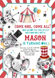 Birthday Invitation Circus Animals Neutral Vertical design preview