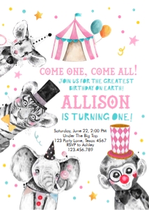 Birthday Invitation Circus Animals Girl White Vertical design preview