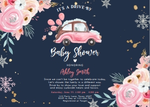Baby Shower Invitation Winter Drive By Car Pink Dark Horizontal design preview