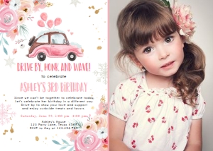 Birthday Invitation Drive By Pinks Floral Car Vertical Winter Photo design preview