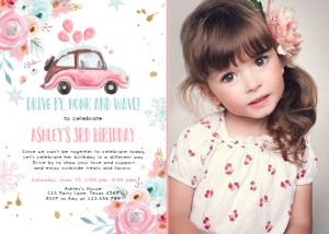 Birthday Invitation Drive By Pink Blue Floral Car Vertical Winter Photo design preview