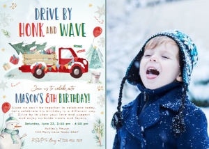 Birthday Invitation Winter Truck Drive By Red Photo design preview