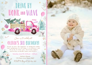 Birthday Invitation Winter Truck Drive By Pink Photo design preview