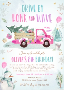Birthday Invitation Winter Truck Drive By Pink design preview
