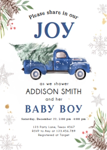 Baby Shower Invitation Blue Truck Tree White design preview