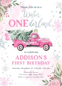 Winter Onederland Invitation Pink Truck design preview
