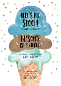 Birthday Invitation Ice Cream White Blue Brown Green design preview