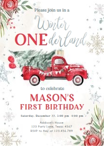 Winter Onederland Invitation Red Truck design preview