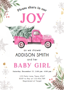 Baby Shower Invitation Pink Truck Tree White design preview