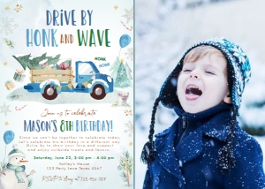 Birthday Invitation Winter Truck Drive By Blue Photo design preview