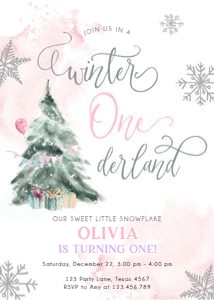 Birthday Invitation Winter Onederland Tree Pink design preview