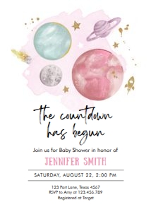 Baby Shower Invitation Space Planets Countdown Girl White design preview