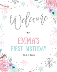Welcome Sign Birthday Winter Onederland Girl Pink Silver White design preview