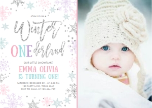 Birthday Invitation Winter Onederland Snowflakes Silver White Photo design preview