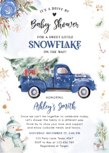Baby Shower Drive By Invitation Blue Truck Tree Snowman White design preview