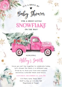 Baby Shower Drive By Invitation Pink Truck Tree Snowman White design preview