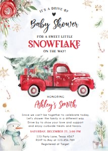 Baby Shower Drive By Invitation Red Truck Tree Snowman White design preview